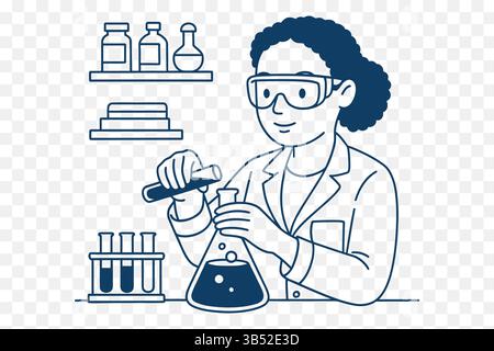 Minimalist Science Concept Illustration of a Female Scientist Mixing Chemicals in a Lab Stock Vector