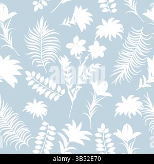 Vector seamless pattern with white leaves and flowers, gray background. Botanical art illustration for wallpaper, wall decoration, fabric, textile, ca Stock Vector