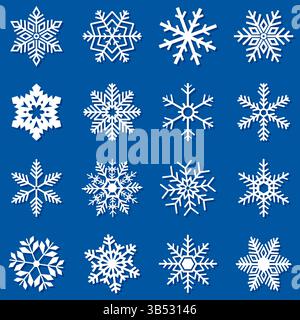 Big set of white snowflakes on a blue background for winter design Stock Vector