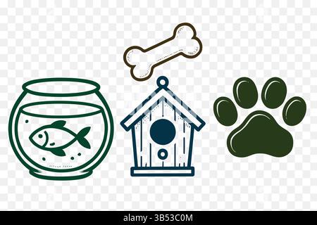 Minimalist Pet Care Essentials Icon Set – Cat Paw Print, Dog Bone, Birdhouse, Fishbowl – Bold Line Art Vector Stock Vector