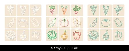 Set of vegetable icons in outlined style on beige background Stock Vector