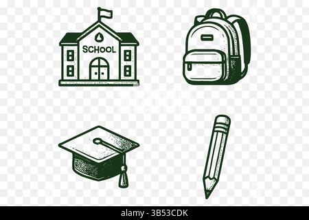 School Icon Pack – Minimalist Education Symbols Books, Backpack, Apple, Blackboard, Pencil – Vector Line Art Collection Stock Vector