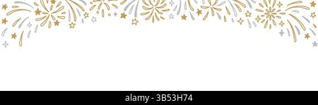 Merry Christmas and Happy New Year firework doodle background. Golden and silver firecracker, stars, confetti, glitter party celebration sketch scribb Stock Vector