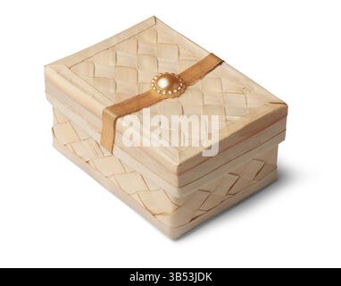 small rectangular storage box crafted from woven rattan isolated white background, charming and functional natural light beige color container Stock Photo