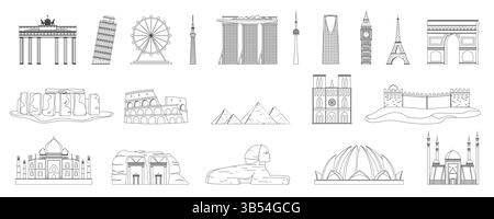 A global line set of world famous landmarks including historical monuments, religious sites, modern towers, ancient wonders. Captures iconic architecture across continents outline vector illustration. Stock Vector
