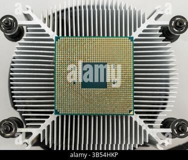 Pin side of a CPU processor mounted on a cooler Stock Photo