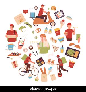 Round design showcasing food delivery services, including couriers on bikes, scooters, mobile ordering apps, fresh meals, packaging. A vibrant vector illustration for fast food online delivery themes. Stock Vector
