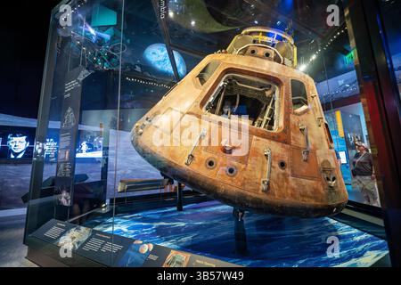 Smithsonian National Museum of Air and Space on National Mall Washington DC / WASHINGTON DC — The Apollo 11 Command Module "Columbia" is displayed in the "Destination Moon" exhibition at the National Air and Space Museum. This historic spacecraft carried astronauts Neil Armstrong, Buzz Aldrin, and Michael Collins on humanity's first lunar landing mission in July 1969. Columbia, the only portion of the Apollo 11 spacecraft to return to Earth, protected the crew during the fiery reentry into Earth's atmosphere before splashing down in the Pacific Ocean on July 24, 1969. Designated a "Milestone o Stock Photo