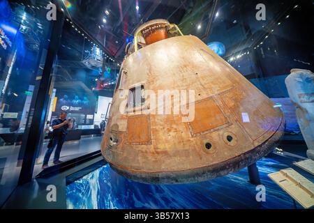 Smithsonian National Museum of Air and Space on National Mall Washington DC / WASHINGTON DC — The Apollo 11 Command Module "Columbia" is displayed in the "Destination Moon" exhibition at the National Air and Space Museum. This historic spacecraft carried astronauts Neil Armstrong, Buzz Aldrin, and Michael Collins on humanity's first lunar landing mission in July 1969. Columbia, the only portion of the Apollo 11 spacecraft to return to Earth, protected the crew during the fiery reentry into Earth's atmosphere before splashing down in the Pacific Ocean on July 24, 1969. Designated a "Milestone o Stock Photo