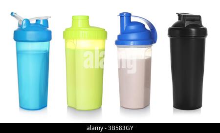 Different shaker bottles isolated on white, set Stock Photo
