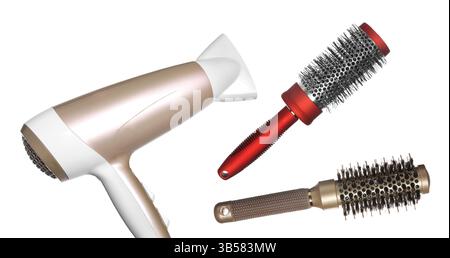 Hair dryer and round brushes in air on white background, collage Stock Photo