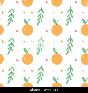 Cute Orange Fruit Seamless Pattern with Leaves and Hearts on White Background Stock Vector