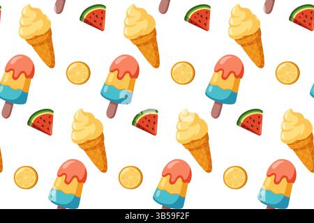 Seamless summer Pattern with vanilla Ice cream cones, colorful Popsicles, juicy Watermelon and Lemon slices Stock Vector