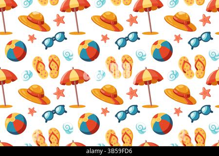 Seamless Pattern with colorful Beach Balls, striped Umbrellas, yellow Flip-flops, Sunglasses, Shells and red Starfish Stock Vector