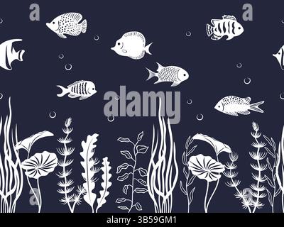 Seamless horizontal pattern with cartoon fish and seaweeds. Vector underwater print Stock Vector