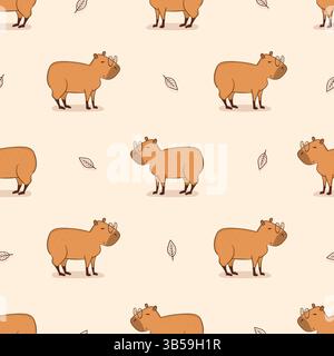 Seamless cute capybara pattern. Vector cartoon animal illustration Stock Vector