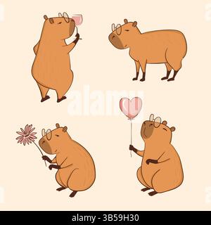 Capybara cute set. Vector capybaras cartoon characters with ballon and flower Stock Vector