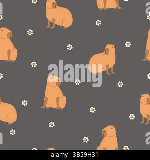 Seamless cute capybara pattern. Vector childish cartoon illustration Stock Vector