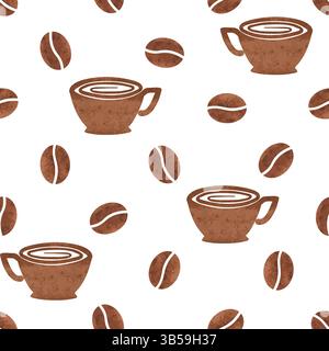 Seamless coffee beans and cups pattern. Vector watercolor coffee background Stock Vector