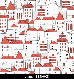 Cityscape pattern. Doodle town seamless background. Vector cartoon illustration with houses Stock Vector