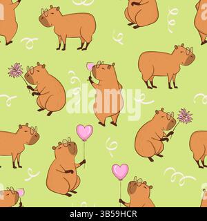 Seamless Birthday party pattern with cute capybaras. Vector funny capybara print for kids Stock Vector