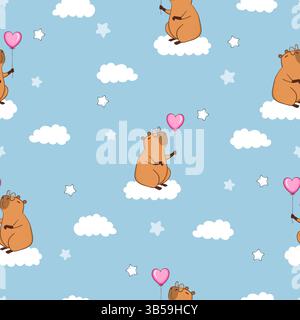 Cute capybaras and clouds seamless pattern. Vector baby print Stock Vector