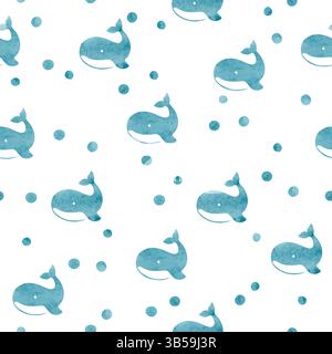 Cute whale seamless pattern. Vector baby print with blue watercolor whales Stock Vector