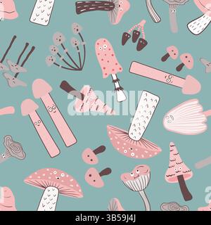 Cartoon mushrooms seamless pattern. Funny print for kids Stock Vector