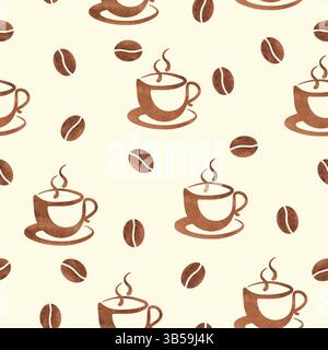Coffee seamless pattern with beans and cups. Vector watercolor coffee background Stock Vector