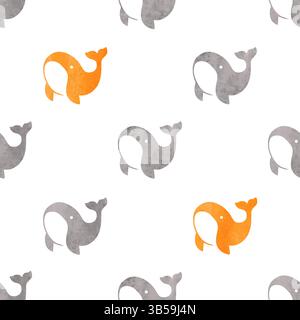 Cute whales seamless pattern. Vector baby print with watercolor whale silhouettes Stock Vector