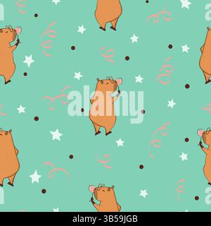 Cute capybara with glass of wine seamless pattern. Birthday party vector bakground Stock Vector