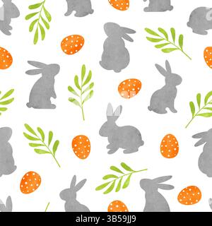 Rabbits and eggs seamless pattern. Easter watercolor vector illustration Stock Vector