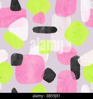 Geometric pattern with watercolor shapes. Seamless abstract vector illustration with pink, black and green spots Stock Vector