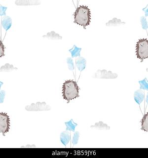 Seamless pattern with cute hedgehog and balloons. Vector cartoon illustration Stock Vector
