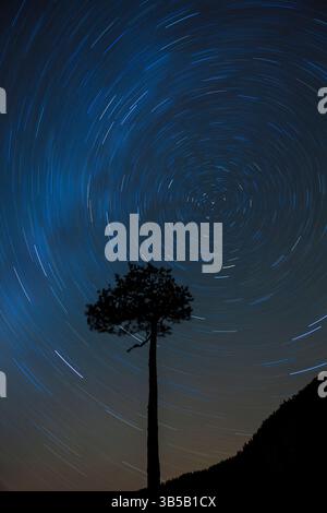 November night star trails seen from below the mountain Andersnatten in Nedre Eggedal, Sigdal kommune, Buskerud fylke, Norway, Scandinavia. Stock Photo