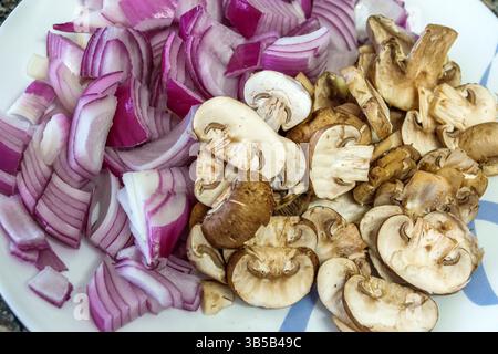 Miami Beach Florida,plate food,raw ingredients,chopped vegetables,sliced red onion,sliced white button mushrooms,prepped for cooking,vegetable prepara Stock Photo