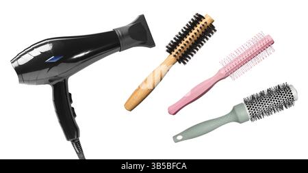Hair dryer and round brushes in air on white background, collage Stock Photo