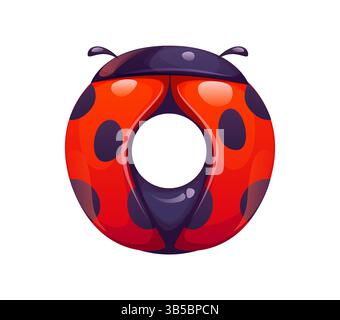 Ladybug cartoon font letter O. Garden ladybug beetle typeface element, spring insect vector English alphabet typeset symbol. Red lady bug cartoon kids Stock Vector