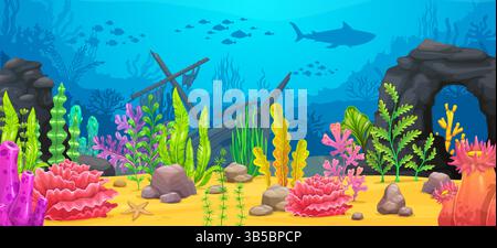 Cartoon underwater sea landscape with sunken boat and seaweeds. Vector ...