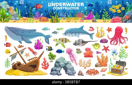 Underwater landscape game assets, fish shoal, stones and treasure chest ...