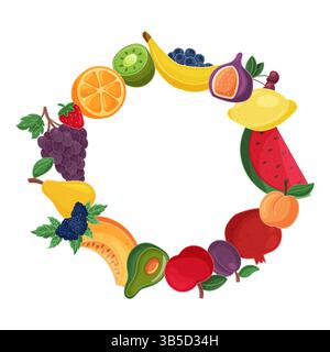 Fruit wreath with various tropical fruits isolated on white background Stock Vector