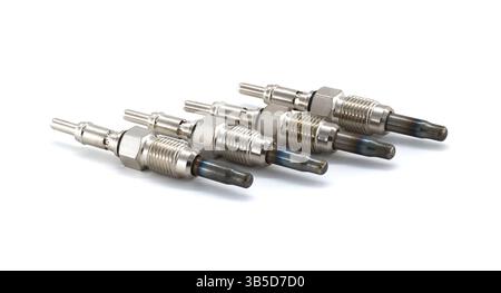 Close-up shot of a set of glow plugs isolated against a white background, showing their intricate details. Perfect for automotive themes. Stock Photo