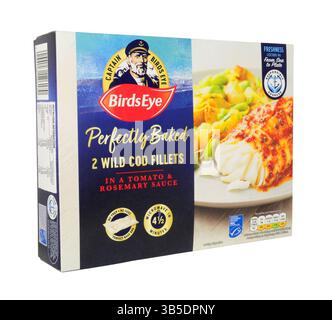 Birds Eye perfectly baked wild cod fillets with tomato and rosemary sauce in a 260g twin pack Stock Photo
