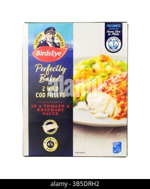 Birds Eye perfectly baked wild cod fillets with tomato and rosemary sauce in a 260g twin pack Stock Photo