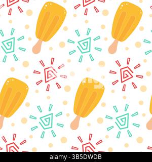 Seamless pattern with cheerful ice cream popsicle with colorful confetti and playful designs. Perfect for summer, dessert, or fun themed projects Stock Vector