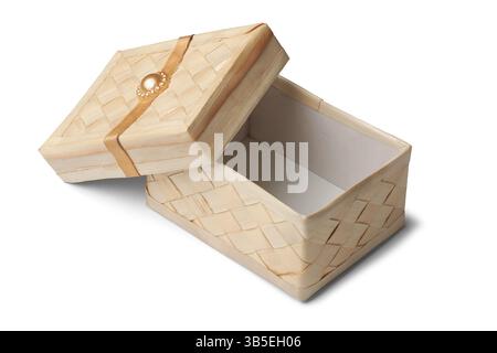 opened small rectangular storage box crafted from woven rattan isolated white background, charming and functional natural light beige color empty Stock Photo