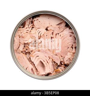 Canned tuna, tuna fish in its own juice in an open tin can, from above. Fillets of Skipjack tuna, Katsuwonus pelamis, preserved in liquid. Stock Photo