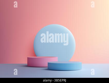 minimalist 3d featuring pink and light blue cylindrical podiums on a gray surface against a gradient peach pink wall, modern product display, mockup, Stock Vector