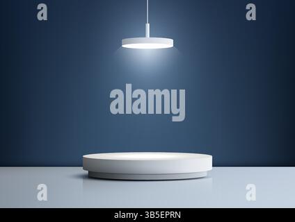 minimalist 3d scene featuring 3D white tiered cylindrical podium under a modern pendant lamp, luxury product display, mockup, or showroom showcase aga Stock Vector