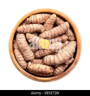 Fresh turmeric rhizomes in wooden bowl. Underground stems of the turmeric plant Curcuma longa. One stem is cut open, showing the bright orange flesh. Stock Photo